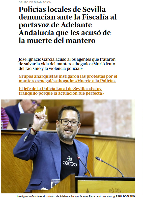 🔴Llamamos a la solidaridad con nuestro compañero <a href="/joseigs_/">Jose Ignacio García ۞</a> , portavoz de <a href="/AdelanteAND/">Adelante Andalucía</a>. 

Las denuncias policiales no nos intimidarán: seguiremos denunciando y luchando contra el racismo de Estado y exigiendo responsabilidades por la muerte de Mamouth Bakhoum.