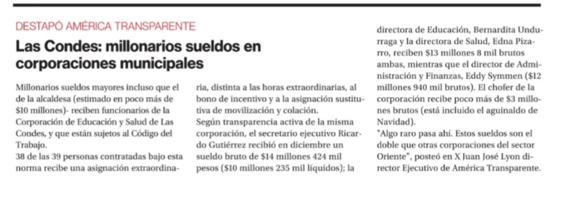 isidoraalcalde's tweet photo. Los sueldos millonarios en la Municipalidad de Las Condes deben terminar. No hay explicación lógica para que directores ganen más que el Presidente de la República o un chofer más de 3 millones de pesos. Muy bien @a_transparente https://t.co/edQtDq8dxE