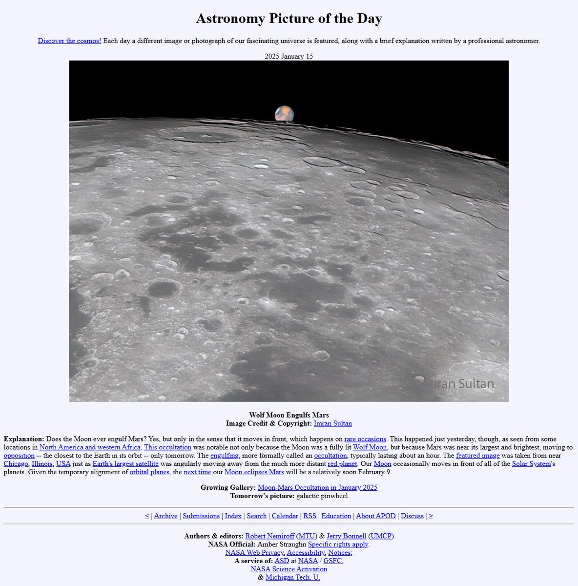 Over the moon to share that my image of this week's lunar occultation of Mars is featured as NASA’s Astronomy Picture of the Day! 🔭Huge thanks to @APOD for this honor. Captured on a freezing night in Des Plaines, Illinois-- see it here apod.nasa.gov/apod/ap250115.…