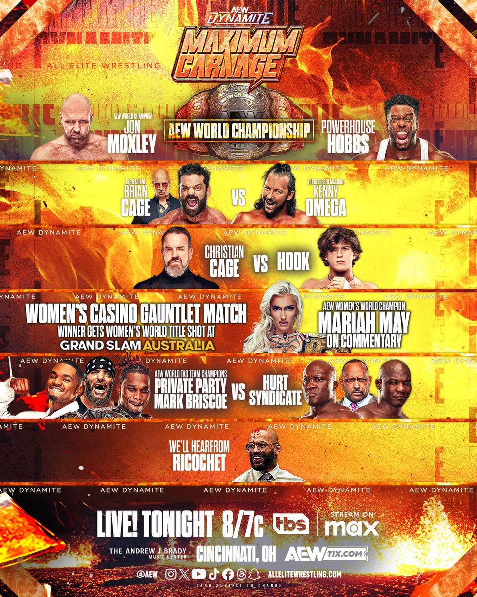 TONIGHT!

It’s finally time for MAXIMUM CARNAGE!

#AEWDynamite presents a night of MAYHEM featuring an AEW World Title match, the 1ST EVER Women’s Casino Gauntlet, Kenny Omega’s in ring return to AEW &amp; MORE LIVE from Cincinnati, OH on <a href="/TBSNetwork/">TBS Network</a> &amp; @SportsOnMax at 8pm ET/7pm CT!