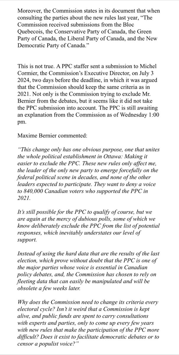 peoplespca's tweet photo. This is our press release regarding the new criteria announced yesterday by the @debates_can.

“The Leaders’ Debates Commission is again trying to exclude Maxime Bernier” https://t.co/BhD5lyZUhR