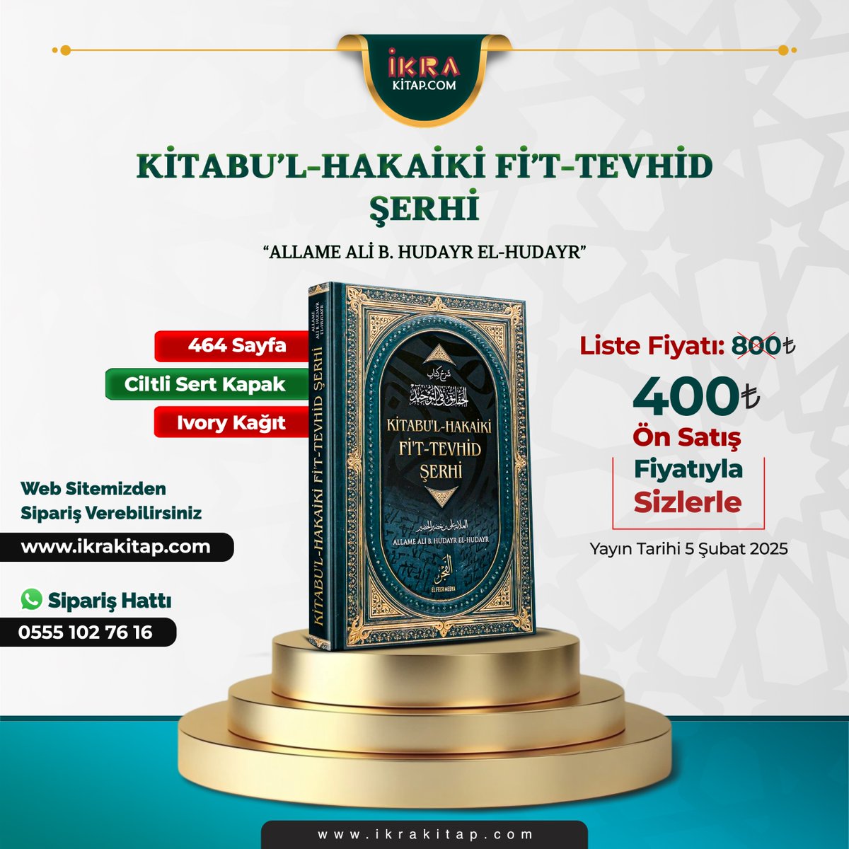ikrakitapcom's tweet photo. 📢 Allame Şeyh Ali bin Hudayr el-Hudayr’in kaleme alıp şerh ettiği “Kitabu’l-Hakâik Fi’t-Tevhid” isimli eser çok yakında okuyucularla buluşuyor!

21 yüzyılda Türkçeye kazandırılmış en kıymetli eser olacak olan bu eser, Şeyh Ali bin Hudayr el-Hudayr'ın kendi kaleme aldığı "Kitabu'l-Hakaiki Fi't-Tevhid" adlı eserine yapmış olduğu kıymetli bir şerhtir.

Cehalet özr�� konusu üzerine tasnif yönünden yazılmış ilk eser olan bu eser, bu alanda kendinden sonra yazılan tüm eserlere temel fikir teşkil etmiştir.

Bu kıymetli eser, muhtevasında şirk ve küfrün hakikati ile aralarındaki farkları; münafık, fasık, müslüman, kâfir gibi şer’î isimlerin hakikatini ve bu şer'i isimler üzerine gereken veya gerekmeyen ahkamları; zâhir ve hafî meselelerin tanımını ve aralarındaki farkları; te’vil sahibi, cahil veya taklit eden kişiden maksadı ve bunlar arasındaki farkları; ve de bu meseleler ile ilişkili olan daha birçok konuyu ele alan usulî bir eserdir.

Ayrıca bu eser, cehalet özrü meselesinde Ehl-i Sünnet'in yaklaşımı ile Hariciler, Mu'tezile, Mürcie ve birçok bid'at fırkanın yaklaşımını ve aralarındaki farklılıkları açıkça ortaya koymuş, bu alanda en doğru bilgiye ulaşmak isteyenler için son derece değerli bilgiler sunmuştur.

Ön siparişlerinizi web sitemizden, WhatsApp sipariş hattımızdan veya DM yoluyla kolayca oluşturabilirsiniz. Teslimatlar 5 Şubat tarihinde gerçekleştirilecektir.