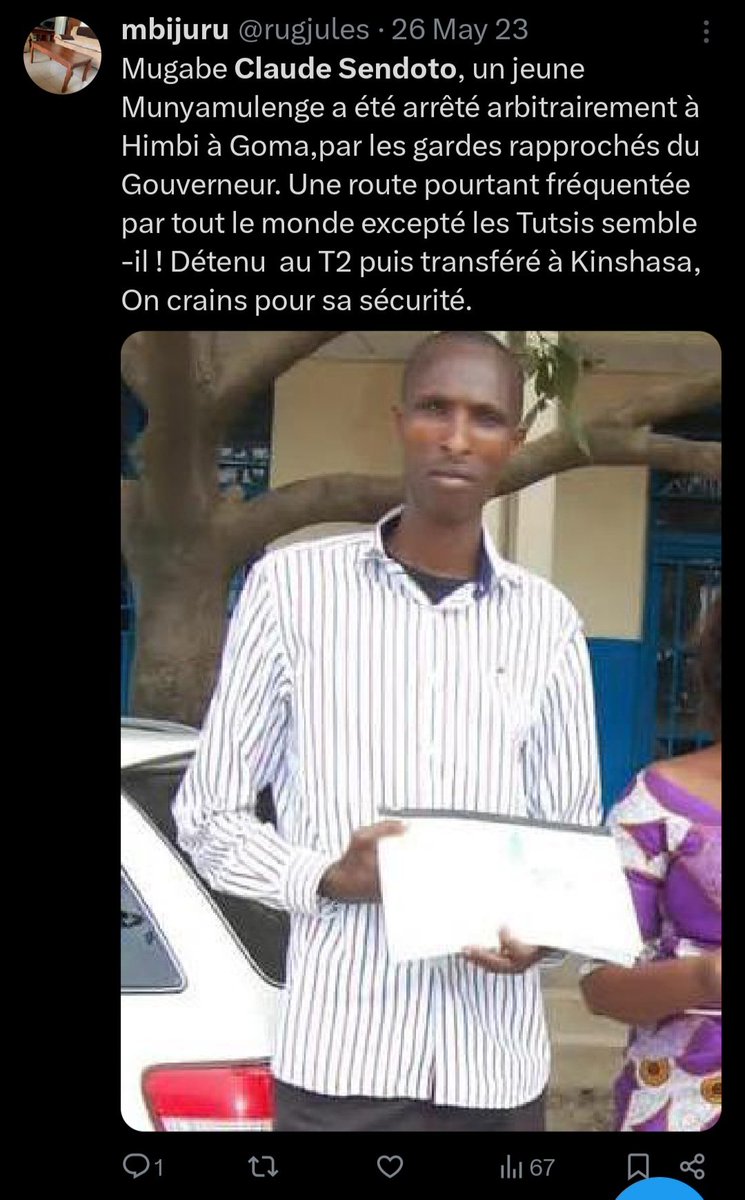 jbserugo's tweet photo. #RDC: M. Claude Mugabo Sendoto vient de quitter la prison de #Makala. 

Prisonnier de faciès, il avait été arrêté à Goma, le 20 mai 2023. Son seul crime était, qu'étant Tutsi/Munyamulenge, il avait emprunté la route "entrée présidentielle" dans le quartier #Himbi, une route pourtant publique. Les militaires affectés à la garde de la résidence du gouverneur l'avaient debarqué de force du taxi-moto qui le transportait et s'était vu transférer manu militari à #Kinshasa. 

Présenté devant le juge après une longue et très douloreuse détention illégale, le juge trouva sans fondement les graves accusations à son encontre mais lui infligea injustement une peine de 20 mois, une façon de justifier le temps déjà passé en prison. Triste réalité. #FreeThemAll