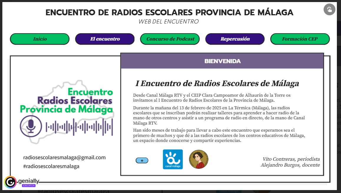 Os presento la web del I Encuentro de Radios Escolares de la provincia de Málaga #radiosescolaresmalaga. 
view.genially.com/67517f7cc61905… 
#EncuentrodeRadiosEscolares #FormaciónCEP #Talleres #Conferencias
Toda la información en Web