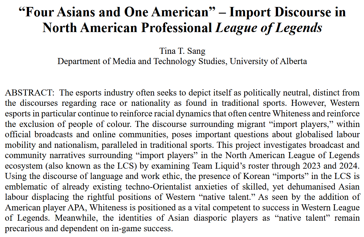 Journal of Electronic Gaming and Esports (@egaming_esports) on Twitter photo | #FORTHCOMING #ESPORTS #RESEARCH | Congrats to Tina Sang from the University of Alberta on acceptance of "Four Asians and One American” – Import Player Discourse in North American Professional League of Legends" in JEGE's #SpecialIssue from the <a href="/EsportsResNet/">Esports Research Network</a> and <a href="/ERN_Conference/">Esports Research Network Conference 2022</a> | #FORTHCOMING #ESPORTS #RESEARCH | Congrats to Tina Sang from the University of Alberta on acceptance of "Four Asians and One American” – Import Player Discourse in North American Professional League of Legends" in JEGE's #SpecialIssue from the <a href="/EsportsResNet/">Esports Research Network</a> and <a href="/ERN_Conference/">Esports Research Network Conference 2022</a>