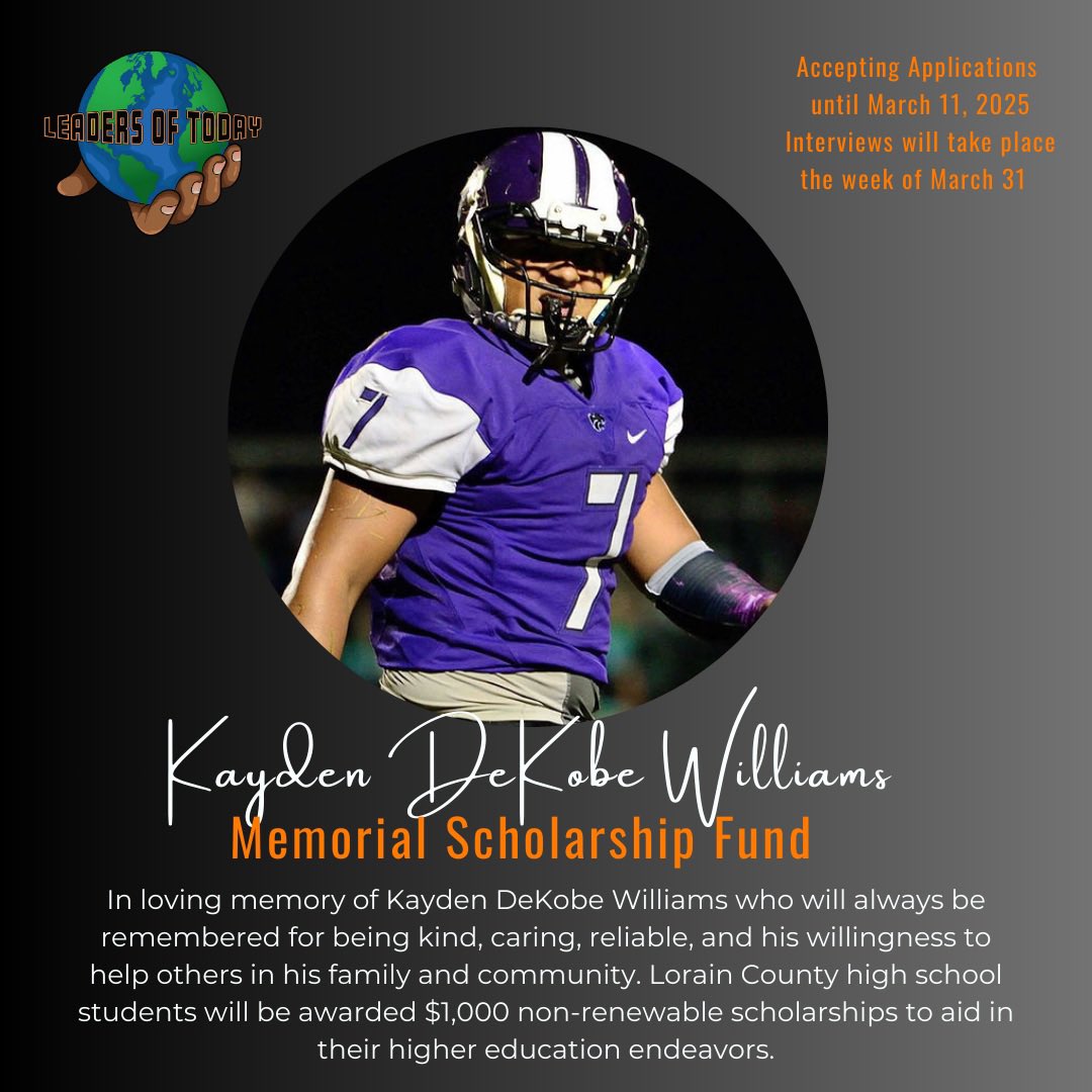 Applications for the Kayden D. Williams Memorial Scholarship are now open. 

We’re looking for seniors involved in school &amp; community activities throughout their high school careers or who want to impact their community in the future. 💫

Click 🔗 to apply
leadersoftoday.org/kdw-scholarshi…