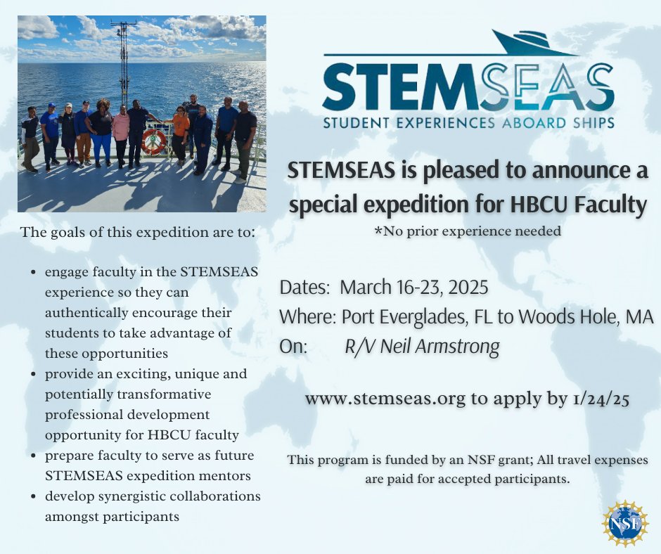 We’re offering a special #STEMSEAS transit aimed at #HBCU faculty aboard the RV Neil Armstrong! Applications are due January 24th!