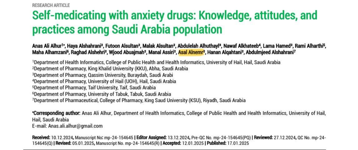 as2l_n's tweet photo. بفضل الله و كرمه ، تم نشر أول بحث علمي لي بعنوان : 

Self medicating with anxiety drugs: knowledge, attitudes, and practices among Saudi Arabia population 

أسأل الله أن يجعلها بداية خير ❤️ https://t.co/73WDWTqmb2