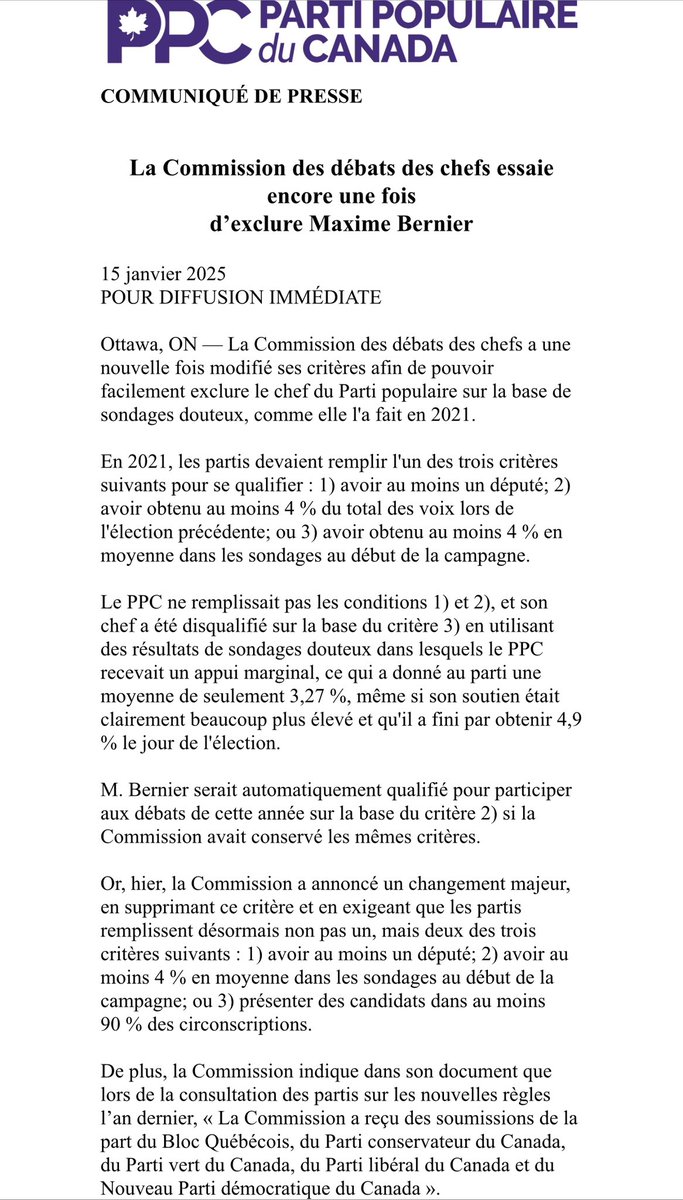ppopulaireca's tweet photo. Voici notre communiqué concernant les nouveaux critères annoncés hier par la @debats_can.

« La Commission des débats des chefs essaie encore une fois d’exclure Maxime Bernier » https://t.co/TNR82wgbIh