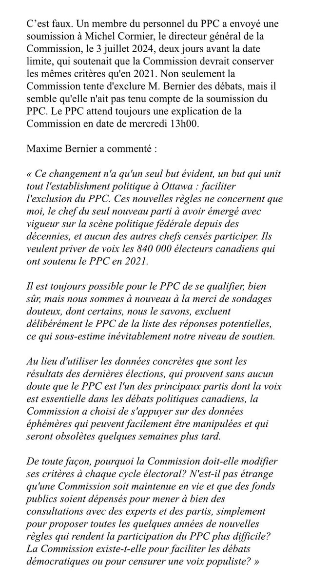 ppopulaireca's tweet photo. Voici notre communiqué concernant les nouveaux critères annoncés hier par la @debats_can.

« La Commission des débats des chefs essaie encore une fois d’exclure Maxime Bernier » https://t.co/TNR82wgbIh