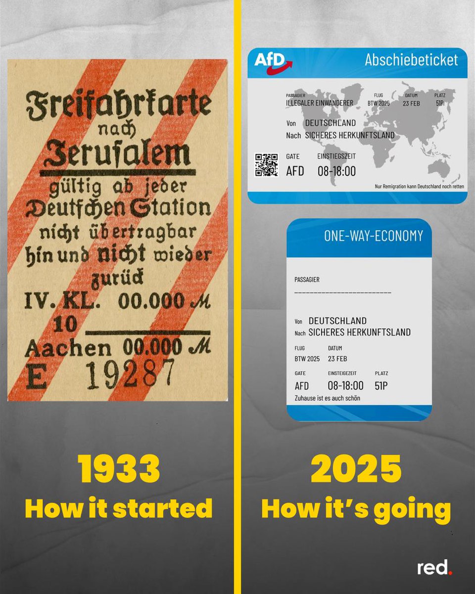 Los nazis distribuyeron en los años 30 un cartel que simulaba un billete de ida a Jerusalem para los judíos, sugiriendo su deportación . En 2025, el partido ultraderechista alemán, AfD, distribuye un cartel simulando un billete de avión para la deportación de los y las migrantes.