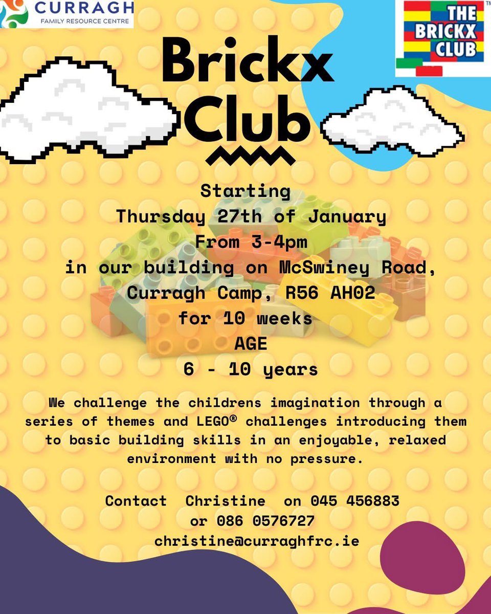 CurraghFrc's tweet image. ***Exciting News***
We will be running the Brickx Club again! Starting on Thursday 27th January 2025 for 10 weeks in our building on McSwiney Road, Curragh Camp, for children from 6 to 10 years. 
Please contact Christine for further information:  045 456883 or 086 0576727