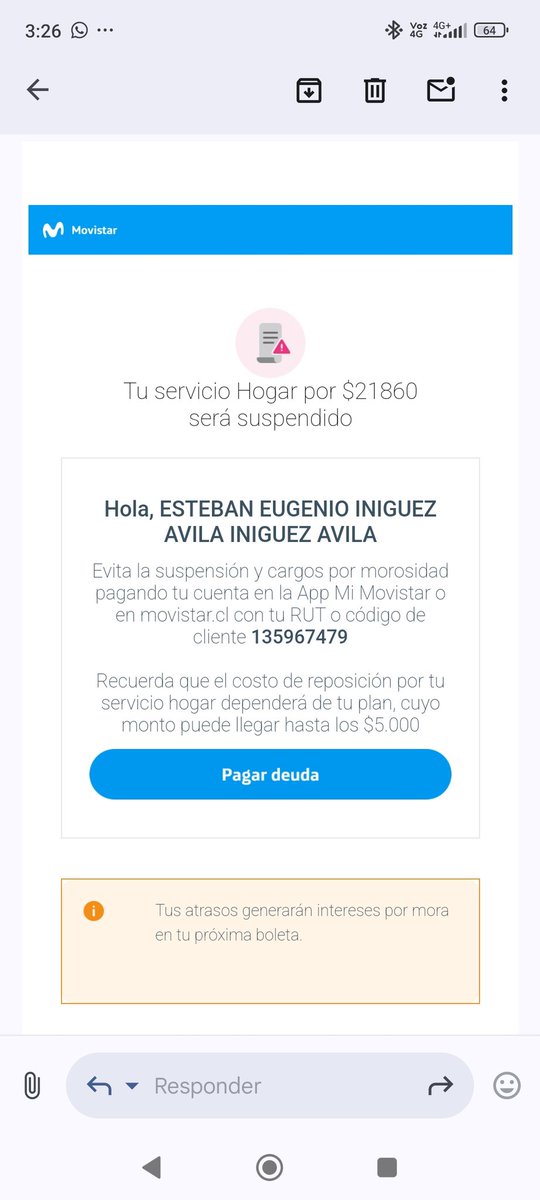 Tebbi94's tweet photo. @MovistarChile Necesito ayuda urgente. Pedí suspender mi servicio de internet el 16/11 y ahora me llegan correos por una deuda inexistente. La app dice que no tengo deudas y el call center no reconoce mi RUT. ¿Pueden aclarar esta situación? Adjunto capturas. Gracias. https://t.co/G4c7R8do49