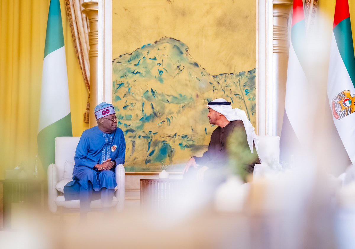 Onsogbu's tweet photo. President Bola Ahmed Tinubu GCFR @officialABAT meets with the President of the United Arab Emirates, Sheikh Zayed bin Sultan Al Nahyan in a bilateral meeting today in Abu Dhabi.
#PBATInUAE https://t.co/p4vSGuoIH6