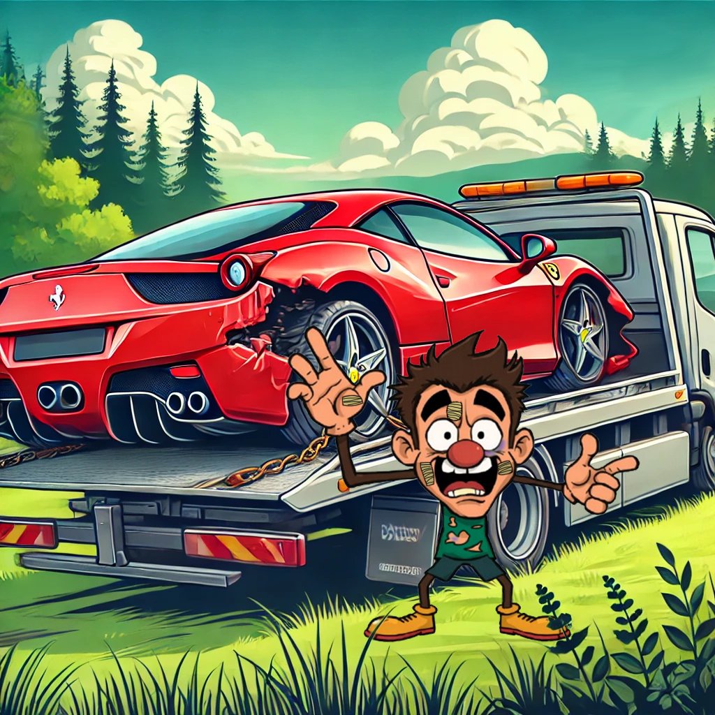 🚗 Absolute Idiot's Car is Being Towed! 🚗

The car’s finally being towed, and guess what? 🚓
He found his girlfriend! 🙌

Big thanks to all of you who helped him in this chaotic adventure. 🍀

But it’s not all good news. 
While Absolute Idiot got patched up and is feeling