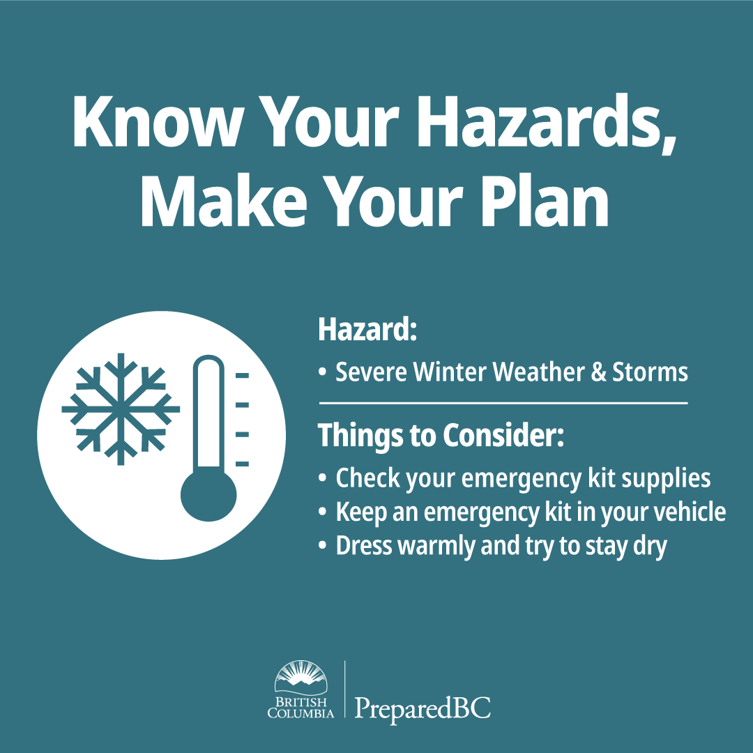 Winter is still here! Here are some tips to keep in mind as the weather gets colder:

Check &amp; update your emergency kit supplies ✔️

Keep emergency supplies in your vehicle, such as extra blankets✔️

PreparedBC.ca/WinterWeather