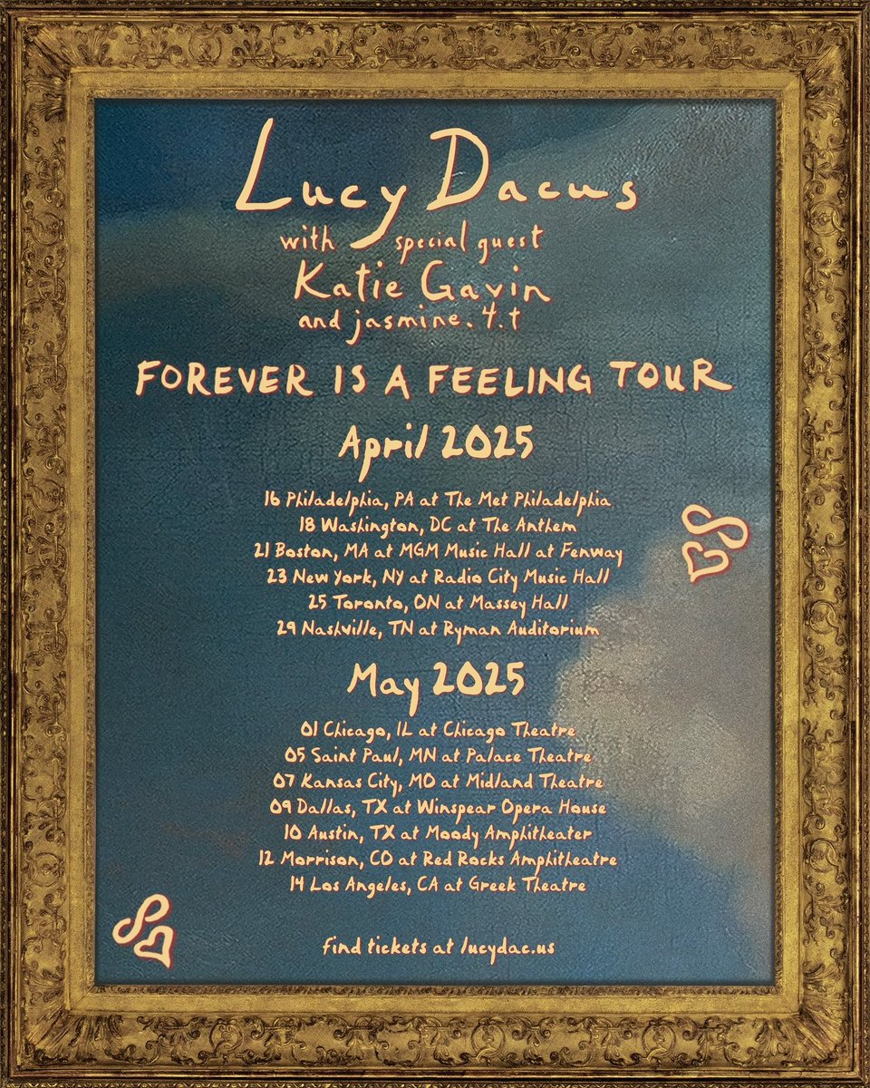 lucydacus's tweet photo. ☁️ Forever Is A Feeling Tour ☁️

presale starts 1/21 at 12pm local
on sale starts 1/24 at 12pm local 
join text / email list for presale code 

$1 from each ticket will go to Plus1 LA Fires Fund

vinyl variants and new merch can also be found at https://t.co/8RUpbaIwdW https://t.co/zhlOHHQ4VW