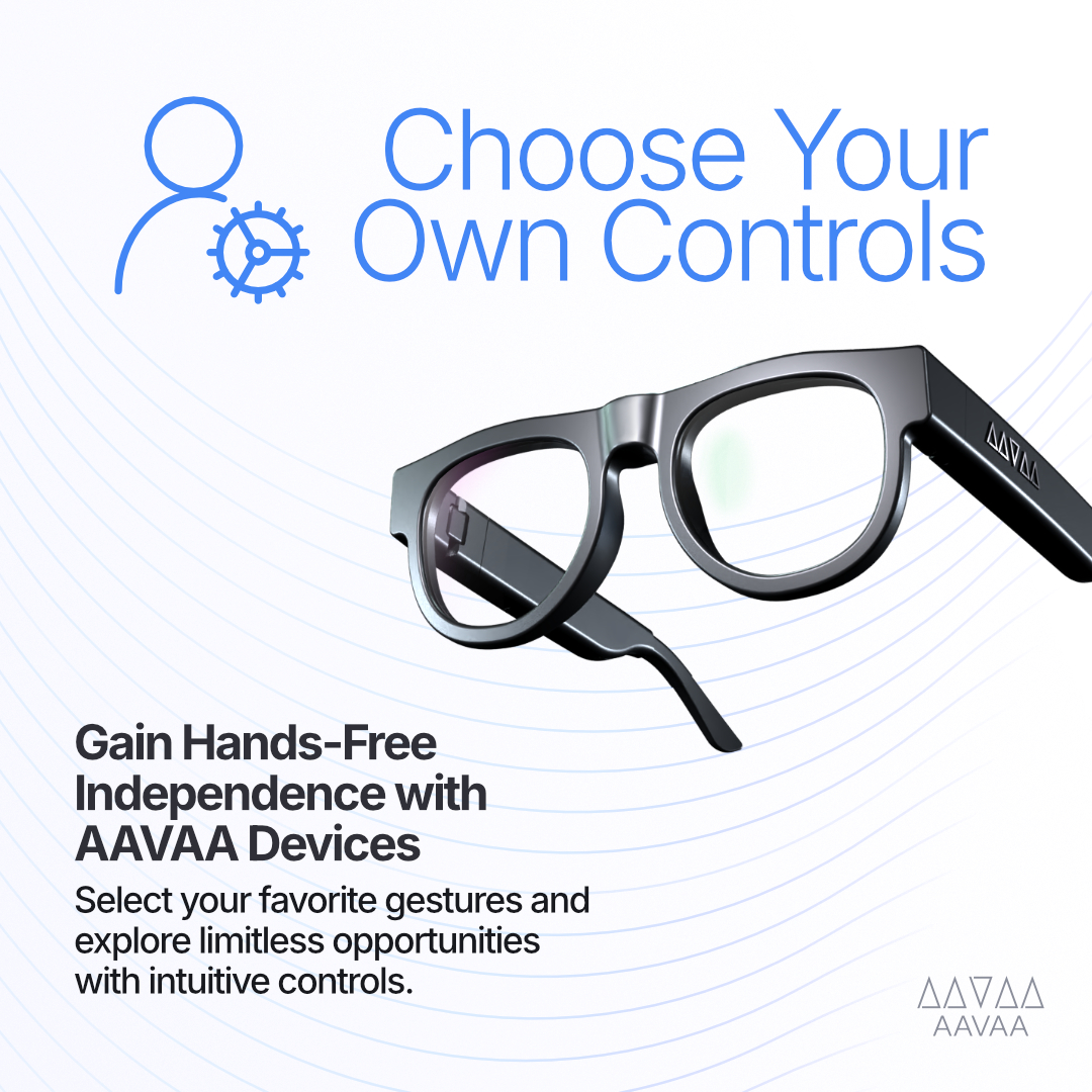 AAVAA_Inc's tweet photo. AAVAA devices now offer even more ways to interact with your world with all-new features for hands-free and voice-free control.

Customize your experience by assigning your preferred gestures to your favourite controls.
#Accessibility #AssistiveTech #InclusiveDesign #Neurotech https://t.co/DUlmY52yC8
