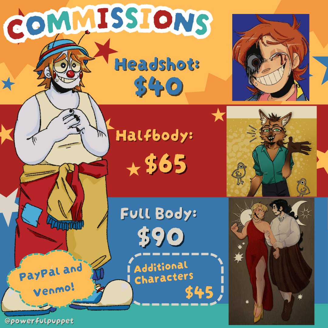 FOUR SLOTS OPEN ⭐️🎪 I'm currently in between jobs so I'm opening #commissions again! Paypal and Venmo accepted, DM to request :o)  #commissionsopen