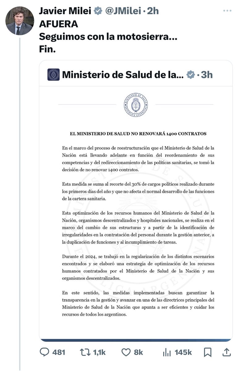 FelicitasBV's tweet photo. Así comunican que 1400 personas se quedan sin laburo y que siguen ajustando en salud.  
Seguro que alguna novela de verano merece más atención de las audiencias y lugar en los medios👇 https://t.co/m4k8tOwQct
