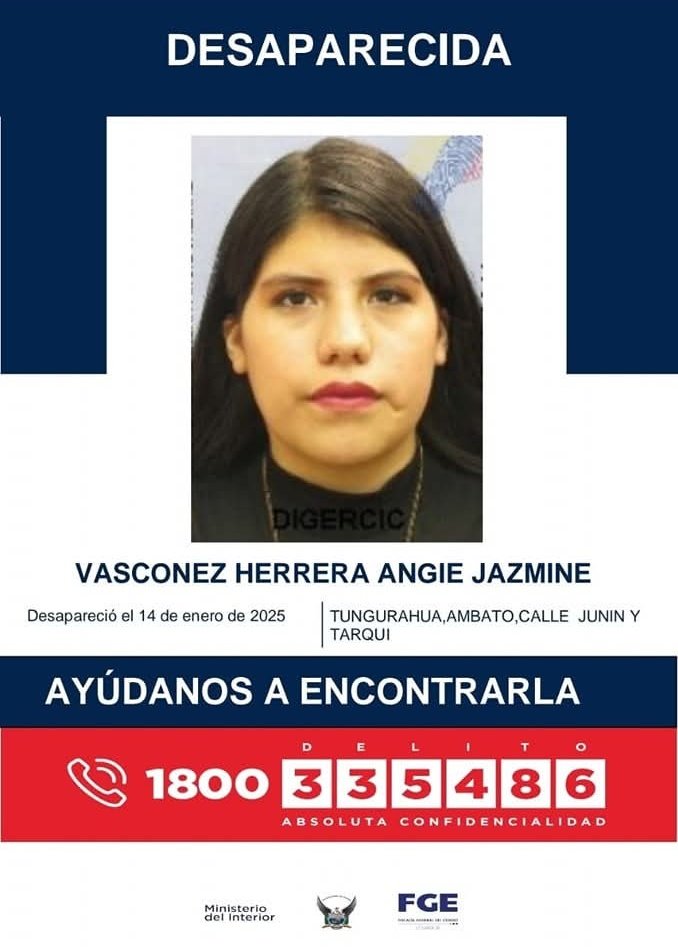 PoliciaEcuador's tweet photo. 🚨AYÚDANOS A ENCONTRARLOS

CARVAJAL VÁSCONEZ CÉSAR MARTÍN y VÁSCONEZ HERRERA ANGIE JAZMIN, quienes fueron reportados como desaparecidos el 14 de enero de 2025, en la ciudad de Ambato, #Tungurahua.

📞 Si tienes información comunícate al 1800 DELITO (335486).

#PolicíaEcuador https://t.co/pUORdHhF49