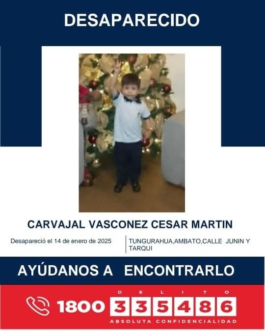 PoliciaEcuador's tweet photo. 🚨AYÚDANOS A ENCONTRARLOS

CARVAJAL VÁSCONEZ CÉSAR MARTÍN y VÁSCONEZ HERRERA ANGIE JAZMIN, quienes fueron reportados como desaparecidos el 14 de enero de 2025, en la ciudad de Ambato, #Tungurahua.

📞 Si tienes información comunícate al 1800 DELITO (335486).

#PolicíaEcuador https://t.co/pUORdHhF49