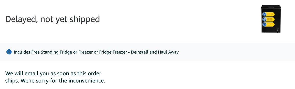 RGON1970's tweet photo. @AmazonUK @AmazonHelp 
Any chance of an update regarding this delayed order please? Not all that convenient having emptied and defrosted old chest freezer in preparation and are now without one! #shoddyservice https://t.co/Ul6Wqr1fZC