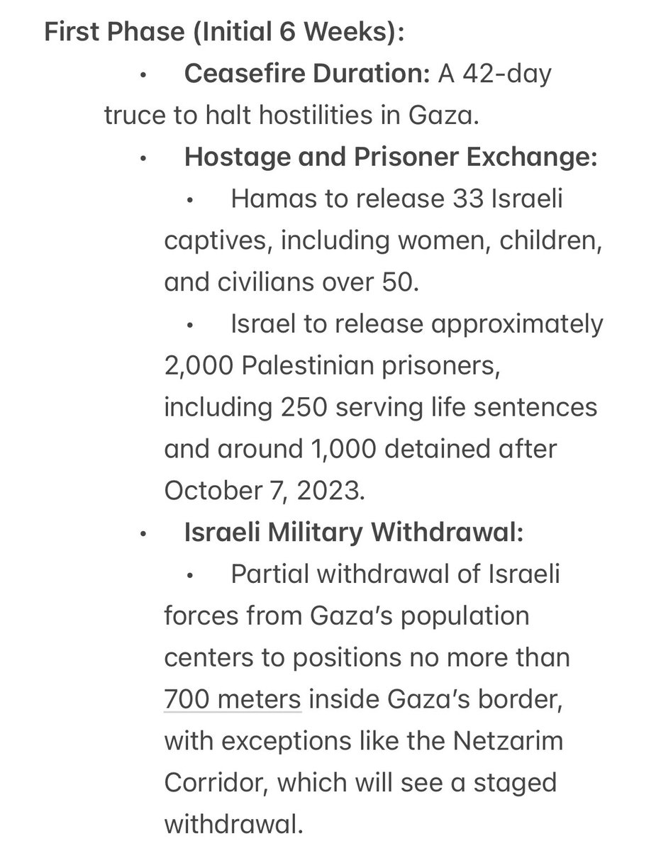 arnesa_kustura's tweet photo. Here is the breakdown of the terms of the ceasefire deal [with the publicly available information]. The ceasefire agreement is broken down in 3 phases, there is no info [so far] on what that 3rd phase is.

The initial 6 weeks will result in a 42 day truce &amp; prisoner exchange. https://t.co/DSvtJkZtIN