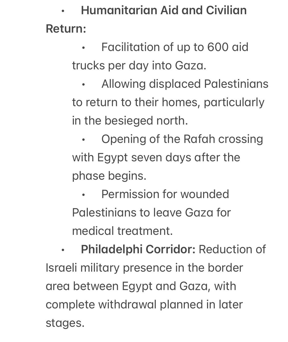 arnesa_kustura's tweet photo. Here is the breakdown of the terms of the ceasefire deal [with the publicly available information]. The ceasefire agreement is broken down in 3 phases, there is no info [so far] on what that 3rd phase is.

The initial 6 weeks will result in a 42 day truce &amp; prisoner exchange. https://t.co/DSvtJkZtIN