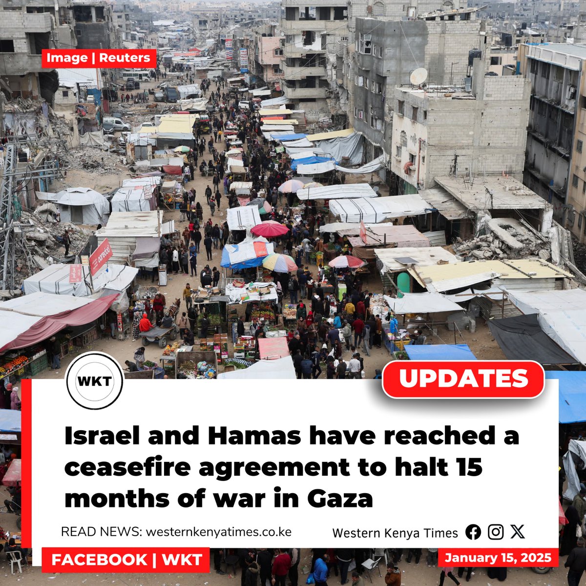the_wkt's tweet photo. Israel and Hamas have reached an agreement to a ceasefire in Gaza, involving the exchange of Israeli hostages for Palestinian prisoners. This development raises hopes for a potential resolution to the 15-month-long conflict in the Middle East. #WKTUpdates #ThisIsWKT https://t.co/QqEqjuaDHo