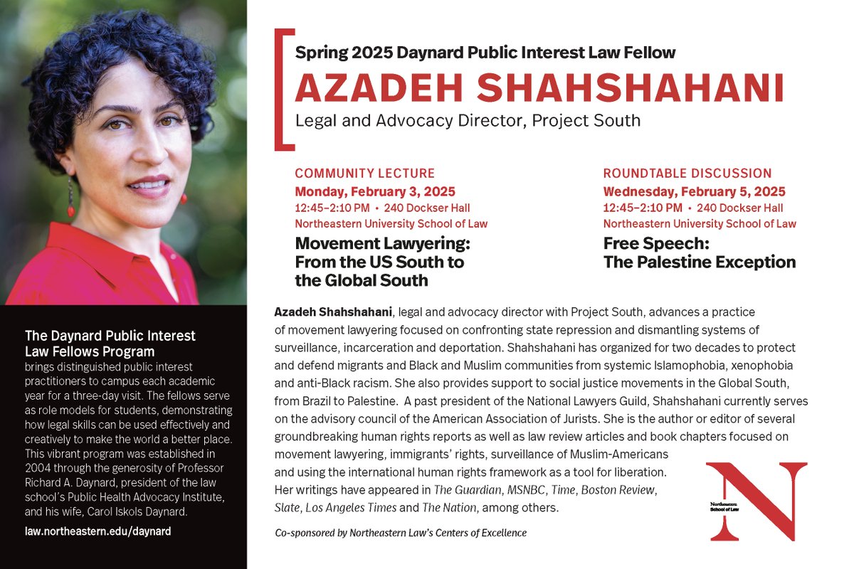 I am honored to visit Northeastern University School of Law as the Spring 2025 Daynard Public Interest Law Fellow!
 
If you're in the area, please feel free to join us for the community lecture or the roundtable discussion!