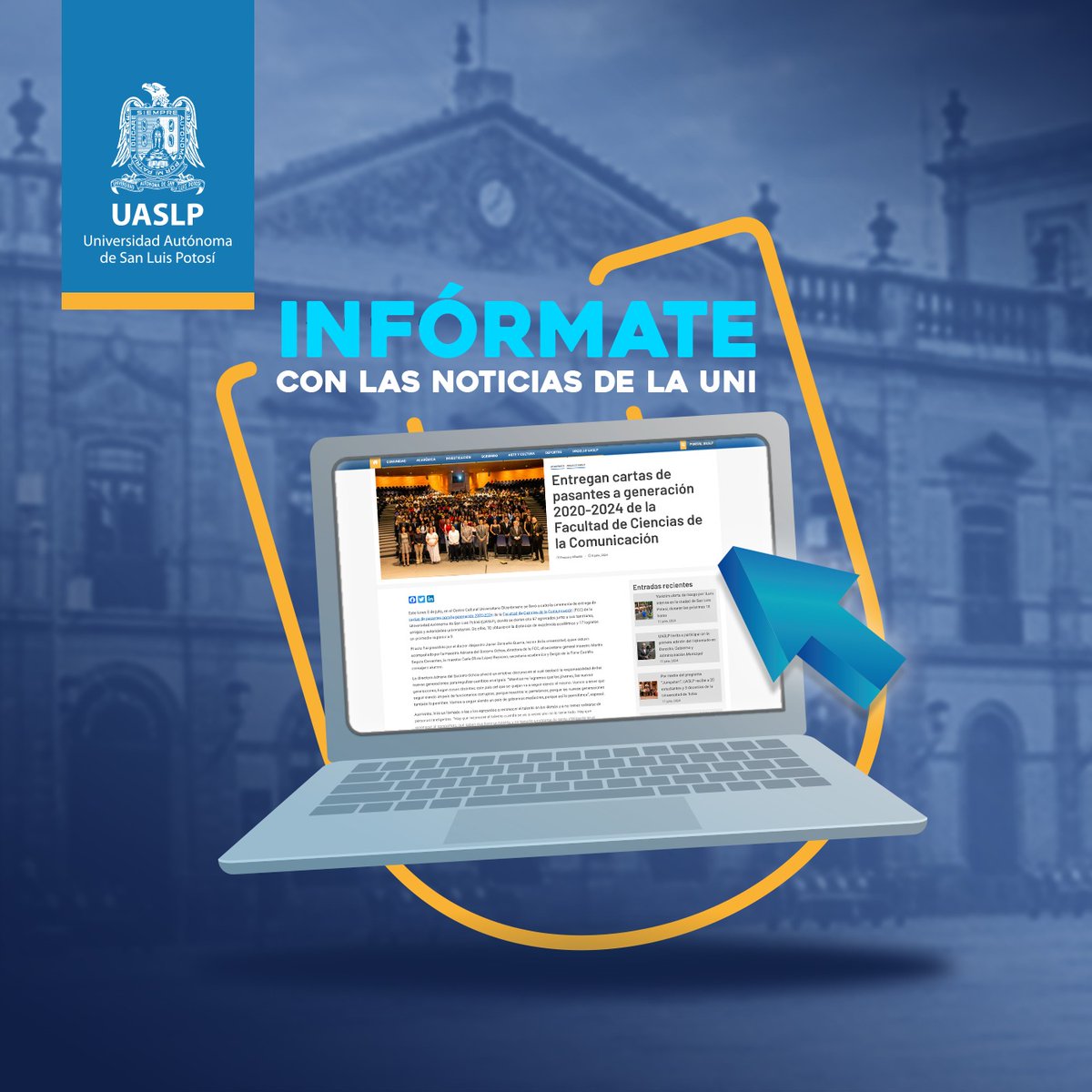 LaUASLP's tweet photo. ¿Buscas información sobre investigaciones, eventos, premios, cursos y más? 🤔

¡Entonces visita nuestro sitio de noticias!
📰 https://t.co/5e8Q3xphyq
Y participa de la vida universitaria.

#SomosUASLP 💙💛 https://t.co/FloRJh9r6v
