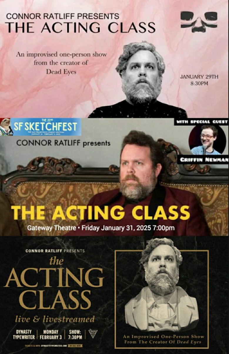 CONNOR RATLIFF presents
THE ACTING CLASS

East Coast/West Coast
The 3 Cities in 6 Days Tour

NYC: 1/29 at <a href="/ucbtny/">UCB Theatre NY</a>
ucbcomedy.com/show/connor-ra…

SF: 1/31 at <a href="/SFSketchfest/">SF Sketchfest</a>
[feat. <a href="/GriffLightning/">Griffin Newman</a>]
sfsketchfest2025.sched.com/event/1rbT8/co…

LA: 2/3 at <a href="/JoinTheDynasty/">Dynasty Typewriter</a>
dynastytypewriter.com/calendar-squad…
