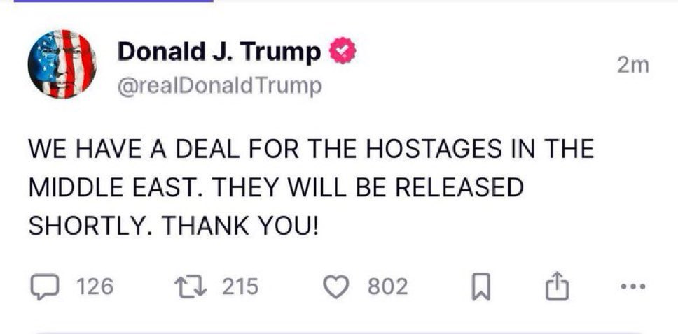 No, all of the hostages will not be “released shortly.”

Only 3 hostages will be released by Trump’s inauguration. They can be live or not under the terms of this deal.

That’s 3 out of 98.

30 more will be released later. But 65 hostages are omitted from the deal altogether.