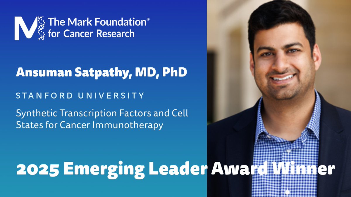 The Mark Foundation for Cancer Research (@themarkfdn) on Twitter photo Ansuman Satpathy (<a href="/Satpathology/">Ansu Satpathy</a>) will engineer T cell states with enhanced anti-cancer activity using synthetic transcription factors to modulate gene expression and advanced machine learning tools.
<a href="/Stanford/">Stanford University</a> Ansuman Satpathy (<a href="/Satpathology/">Ansu Satpathy</a>) will engineer T cell states with enhanced anti-cancer activity using synthetic transcription factors to modulate gene expression and advanced machine learning tools.
<a href="/Stanford/">Stanford University</a>