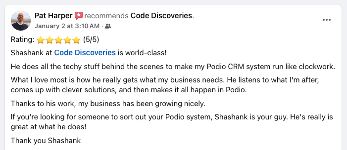 shashank_kumar2's tweet image. 🚀 Another Happy Client! 🌟

👉 Thanks to my 9+ years of experience in Podio development, I create tailored CRM solutions that drive growth.

💬 Need help? Let’s connect codediscoveries.com/contact-me/

#PodioDeveloper #CRM  #ClientSuccess #Testimonial #CodeDiscoveries #PodioDevelopment