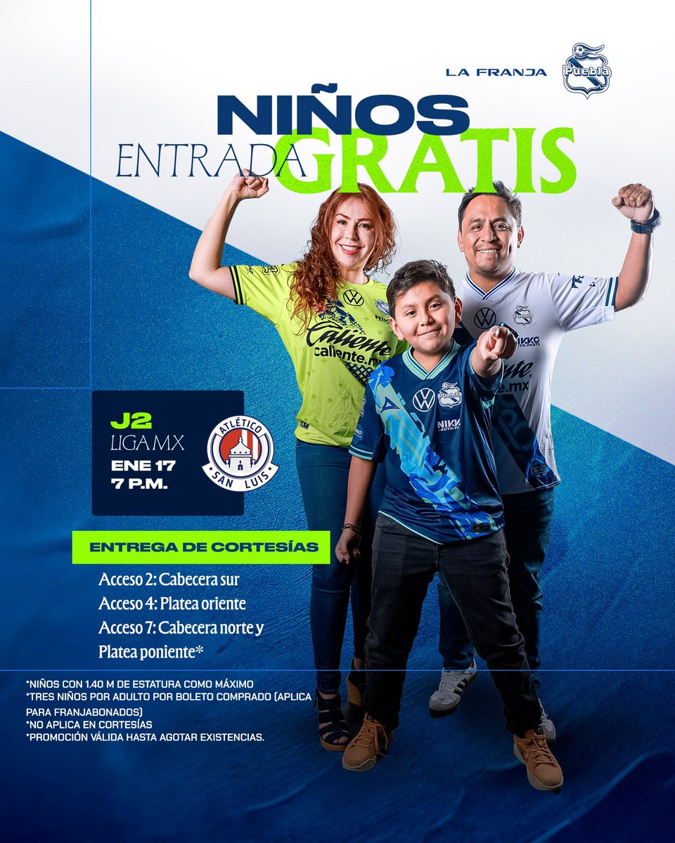 ClubPueblaMX's tweet photo. No hay mejor plan para iniciar el fin que ir a apoyar al 🔵⚪️ en familia, por eso tendremos ¡Niños gratis en todas las localidades! 👧🏻👦🏻

Aprovecha esta promoción y compra tus 🎟️🎟️ aquí: https://t.co/W3L0HBEctj

#LaFranjaNosUne🎽 https://t.co/JBOVN5ha7h
