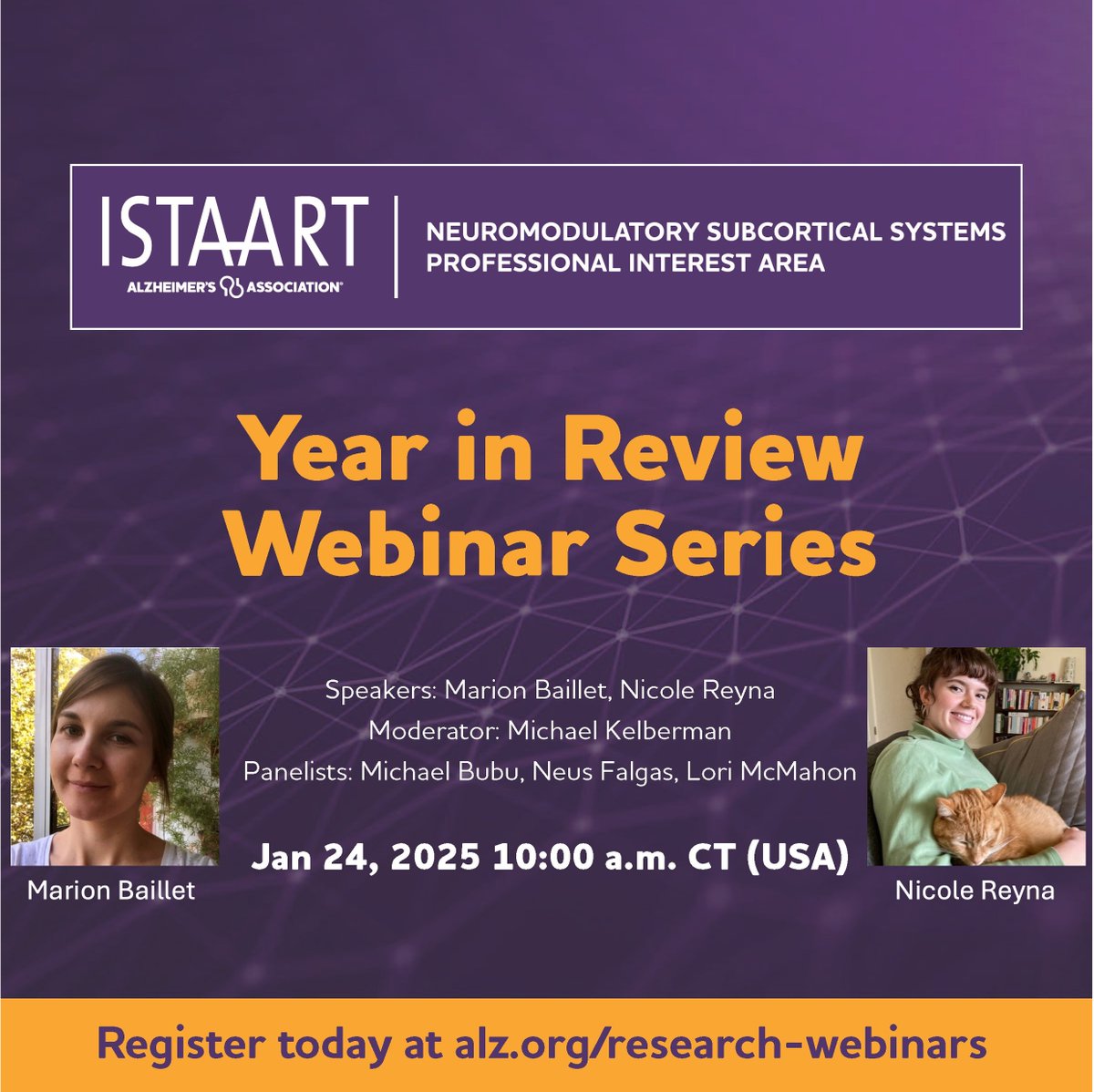 Neuromodulatory Subcortical Systems PIA (@nss_pia) on Twitter photo <a href="/ISTAART/">ISTAART</a> <a href="/NSS_PIA/">Neuromodulatory Subcortical Systems PIA</a> Year in Review is next week!
Friday, Jan-24, 10am CT (USA)
Speakers: <a href="/marionbaillet/">Marion Baillet</a> <a href="/neurosciencenic/">Nicole Reyna, M.S.š§ āØ</a>
Moderater: <a href="/MikeKelberman/">Michael Kelberman</a>
Panelists: <a href="/NeusFalgas/">Neus FalgĆ s</a> Michael Bubu, Lori McMahon
>> Registration now: alz-org.zoom.us/webinar/regist⦠<a href="/ISTAART/">ISTAART</a> <a href="/NSS_PIA/">Neuromodulatory Subcortical Systems PIA</a> Year in Review is next week!
Friday, Jan-24, 10am CT (USA)
Speakers: <a href="/marionbaillet/">Marion Baillet</a> <a href="/neurosciencenic/">Nicole Reyna, M.S.š§ āØ</a>
Moderater: <a href="/MikeKelberman/">Michael Kelberman</a>
Panelists: <a href="/NeusFalgas/">Neus FalgĆ s</a> Michael Bubu, Lori McMahon
>> Registration now: alz-org.zoom.us/webinar/registā¦
