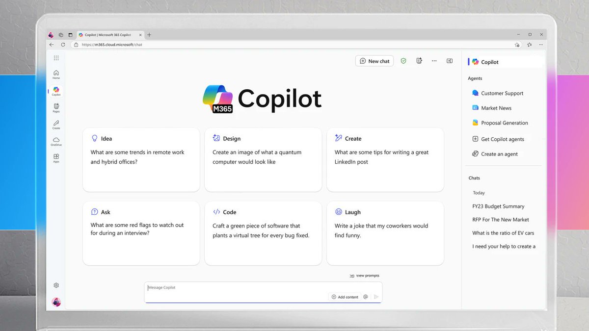 This morning, we made it free for any employee to use or build their own agents.

Use Microsoft 365 Copilot Chat to build agents with:
* Web search
* Understanding of user-uploaded files
* Code interpreter
* Custom instructions
* Image generation
* 3P APIs