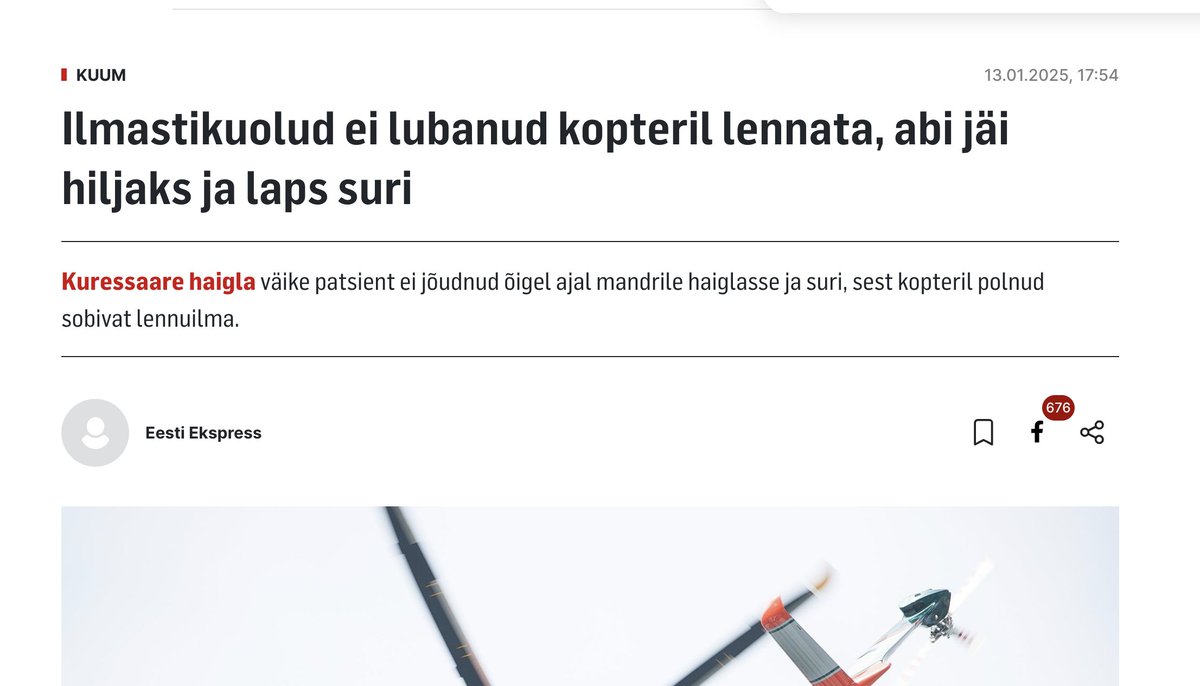 Veel mõni nädal tagasi võitis ministeerium, et kiirabi kopterit riik ei vaja, kuna PPA suudab kõik sellised lennud ära teha (absurdselt kalli lennutunnihinnaga) 🤡