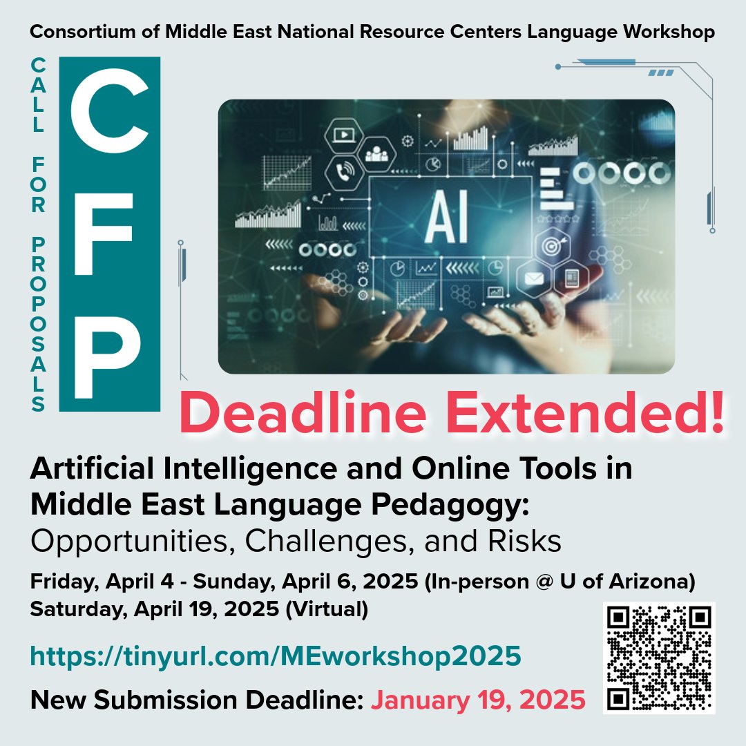 𝗖𝗙𝗣 𝗢𝗣𝗘𝗡: 𝗘𝗫𝗧𝗘𝗡𝗗𝗘𝗗 𝗗𝗘𝗔𝗗𝗟𝗜𝗡𝗘!
➤➤𝗡𝗲𝘄 𝗦𝘂𝗯𝗺𝗶𝘀𝘀𝗶𝗼𝗻 𝗗𝗲𝗮𝗱𝗹𝗶𝗻𝗲: 𝗝𝗮𝗻𝘂𝗮𝗿𝘆 𝟭𝟵, 𝟮𝟬𝟮𝟱

𝗔𝗿𝘁𝗶𝗳𝗶𝗰𝗶𝗮𝗹 𝗜𝗻𝘁𝗲𝗹𝗹𝗶𝗴𝗲𝗻𝗰𝗲 𝗮𝗻𝗱 𝗢𝗻𝗹𝗶𝗻𝗲 𝗧𝗼𝗼𝗹𝘀 𝗶𝗻 𝗠𝗶𝗱𝗱𝗹𝗲 𝗘𝗮𝘀𝘁 𝗟𝗮𝗻𝗴𝘂𝗮𝗴𝗲 𝗣𝗲𝗱𝗮𝗴𝗼𝗴𝘆: