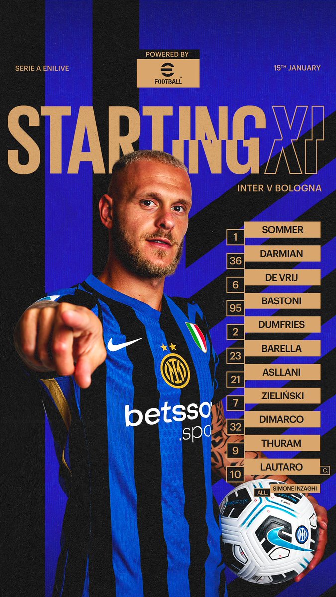 InterClub1908's tweet image. #INTER (3-5-2): 1 Sommer; 36 Darmian, 6 De Vrij, 95 Bastoni; 2  Dumfries, 23 Barella, 21 Asllani, 7 Zielinski, 32 Dimarco; 9 Thuram, 10  Lautaro.
All.:Inzaghi
Formazione ufficiale @Inter di #InterBologna @SerieA #SerieA #SerieATIM
SEMPRE #FORZAINTER #AMALA!!!
💪🏻⚫🔵🖤💙🐍