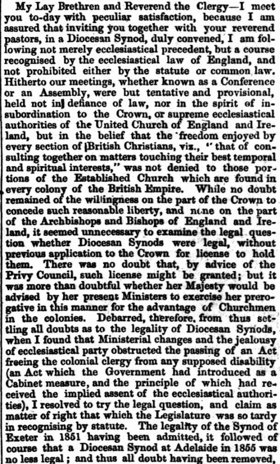 AustAnglican's tweet photo. 16 January 1855: opening of the first Synod of the Diocese of Adelaide; also the first diocesan synod ever in Australia. It's difficult to convey how novel and controversial this was! #anglican #170years Bishop Augustus Short's address commenced as follows: https://t.co/OOUDqRqjSj