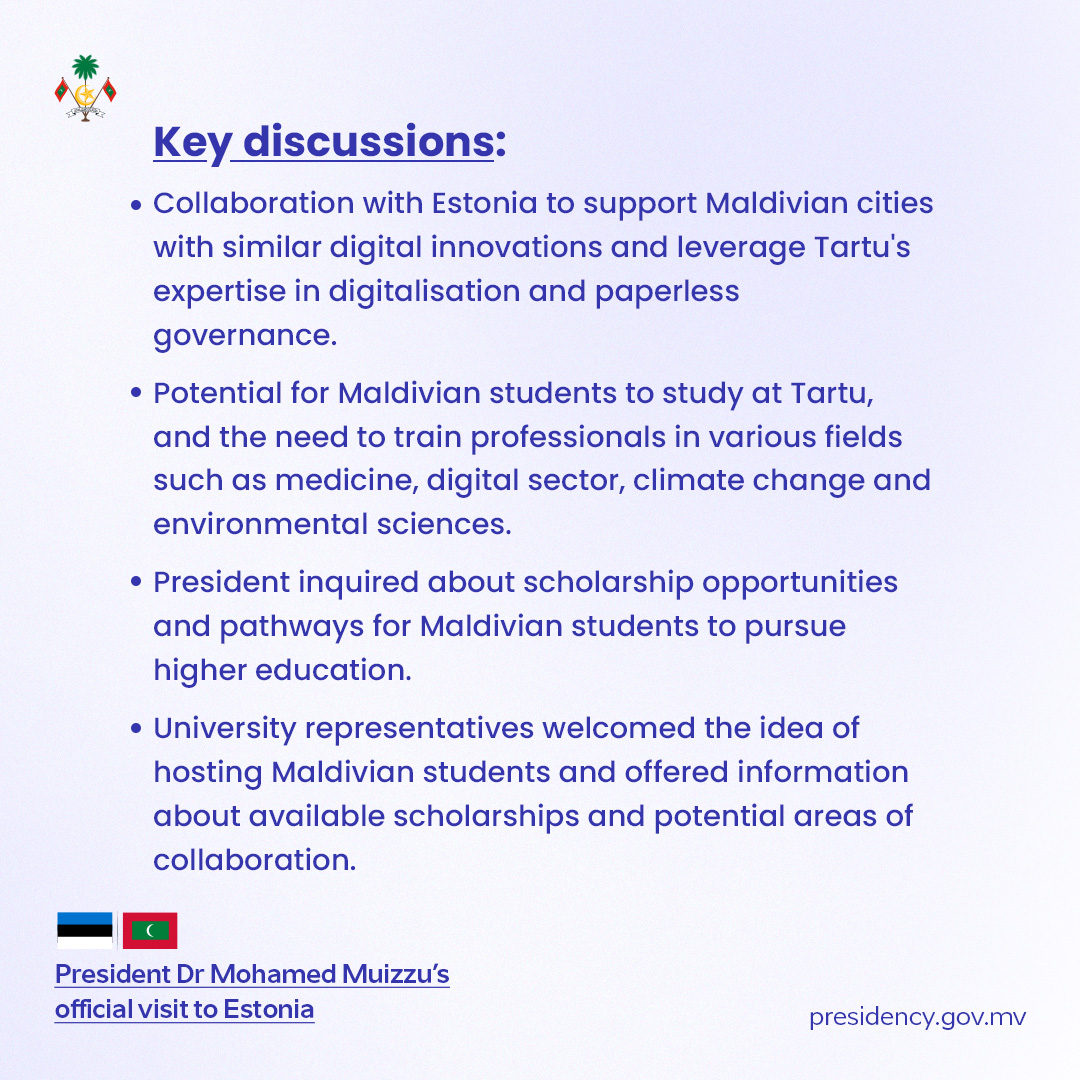 President Dr Muizzu meets with the Rector of the University of Tartu Professor Toomas Asser, and other University Officials during his official visit to Estonia. 

#MaldivesEstonia 
#DigitalMaldives