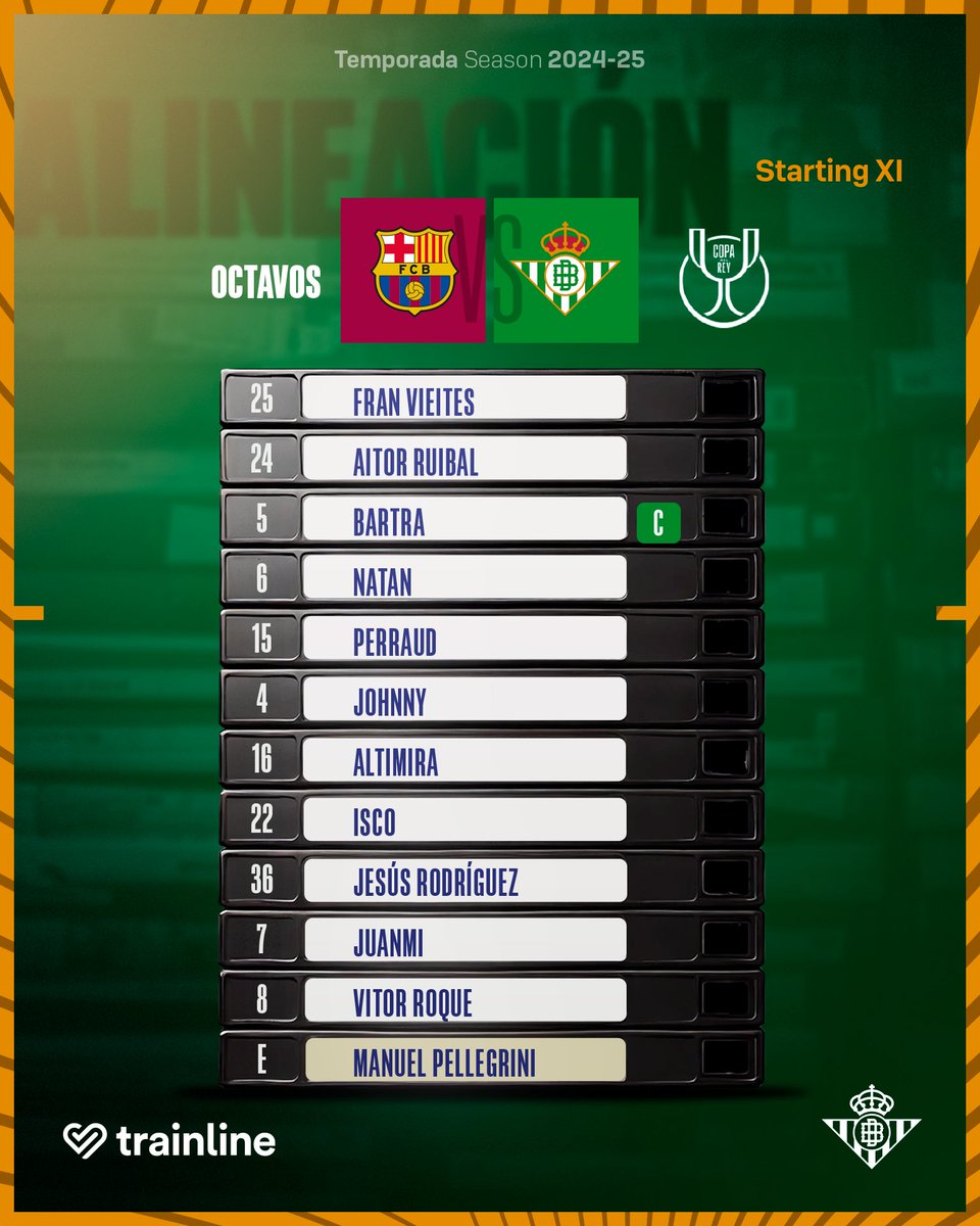 RealBetis's tweet photo. 💚🤍💚

¡Nuestro once inicial para el #BarçaRealBetis! 

#DíaDeBetis #CopaDelRey https://t.co/kRrDGOEMPI