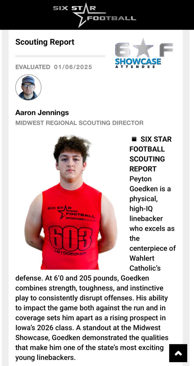 PeytonGoedken's tweet photo. Thank you @sixstarfootball for my evaluation &amp; scouting report from the Midwest Showcase. Excited to have the opportunity to attend the Finals. 

@wchsfootball1 @xtremessp @6starfootballIA @6starfootballNE @6starfootballMO @PrepRedzoneIA @iowapreps https://t.co/QvGm1KPbxL