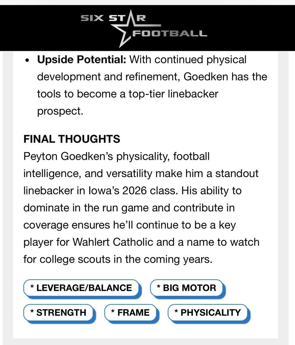 PeytonGoedken's tweet photo. Thank you @sixstarfootball for my evaluation &amp; scouting report from the Midwest Showcase. Excited to have the opportunity to attend the Finals. 

@wchsfootball1 @xtremessp @6starfootballIA @6starfootballNE @6starfootballMO @PrepRedzoneIA @iowapreps https://t.co/QvGm1KPbxL