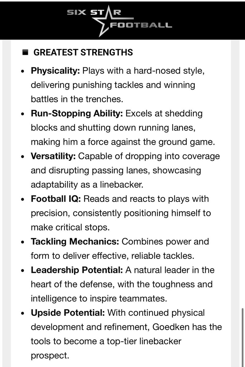 PeytonGoedken's tweet photo. Thank you @sixstarfootball for my evaluation &amp; scouting report from the Midwest Showcase. Excited to have the opportunity to attend the Finals. 

@wchsfootball1 @xtremessp @6starfootballIA @6starfootballNE @6starfootballMO @PrepRedzoneIA @iowapreps https://t.co/QvGm1KPbxL