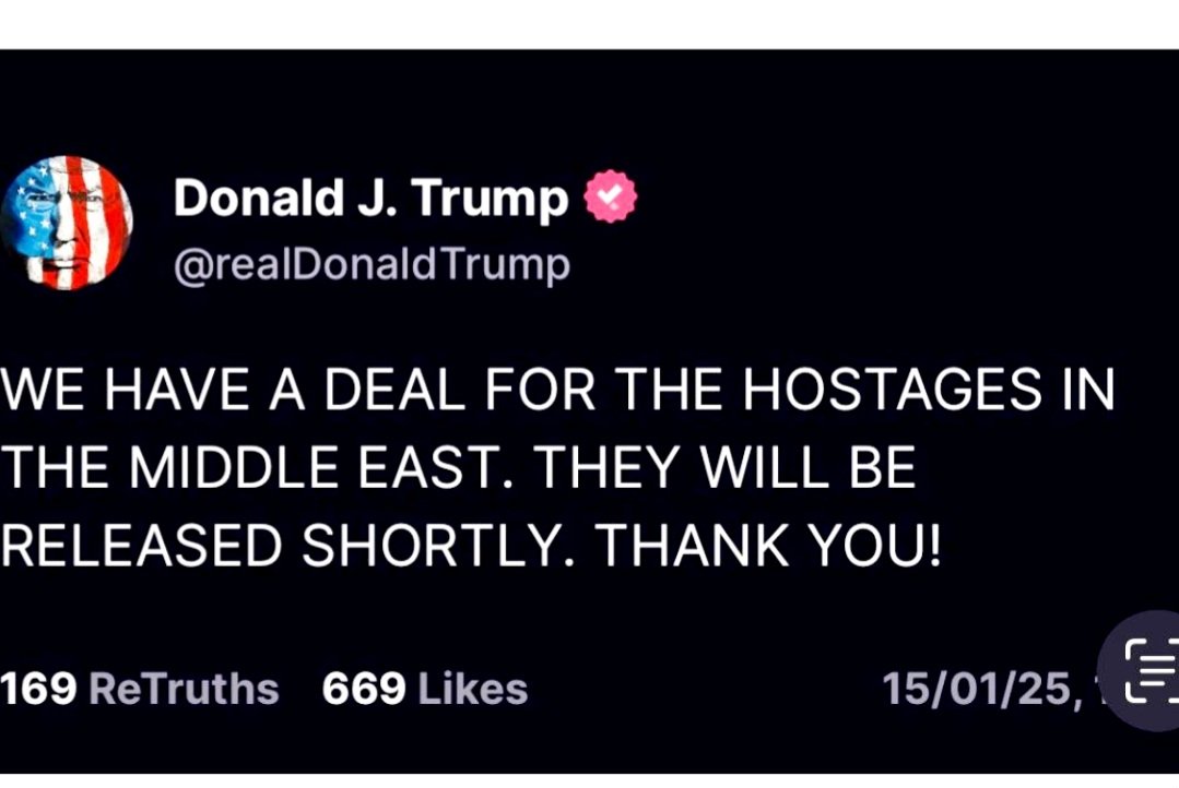 Thank you, President elect  #Trump. You are the man of the hour. After 467 days, for those #IsrealisKiddnaped😭 &amp; our sorrow 4 those #innocent #Palestinians 😭especially #women &amp; #children #killed.  #PresidentTrump, if you did not get involved, it would  never have happened.🙏