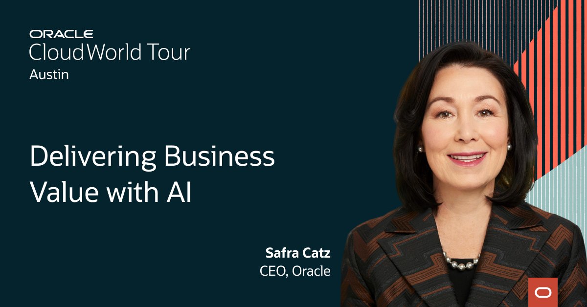 Join Oracle CEO Safra Catz at #CloudWorld Tour Austin! Learn how <a href="/Oracle/">Oracle</a>'s cloud portfolio can help your business quickly and easily adopt #AI. Register today: social.ora.cl/6013ab1A9